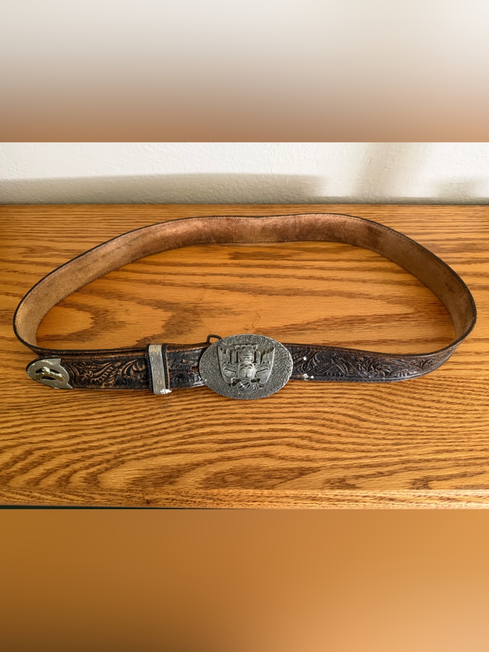 Vintage Frederick of Canada Pewter Totem Eagle Leather Belt Ranger